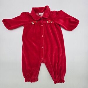 Vintage Baby Togs Red Velour Roses Long Sleeve Romper Jumpsuit 3/6 Months